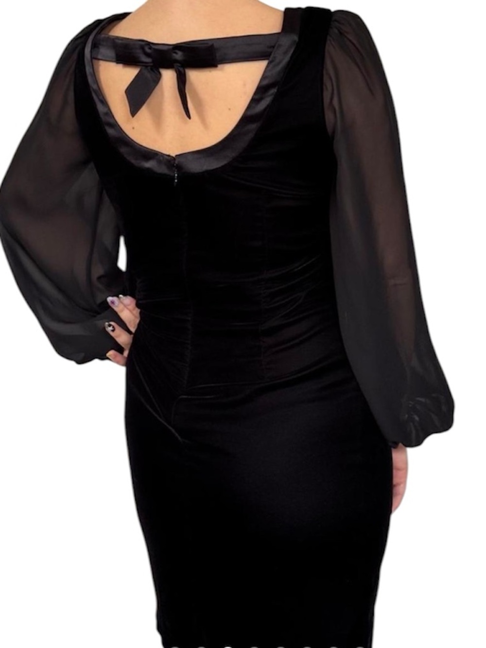 White House Black Market Black Velvet Dress with Sheer Long Sleeves